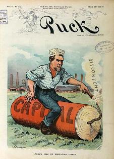 cover illustration, Puck (1902): working man lighting the fuse of dynamite labeled 